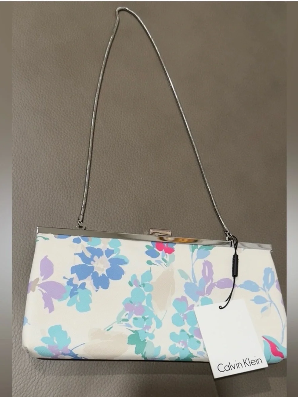 Calvin Klein White Floral Print Chain Strap Clutch